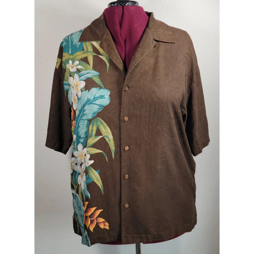 Pusser's Island Reserve Shirt Mens Large‎ Brown Silk Floral Hawaiian Camp